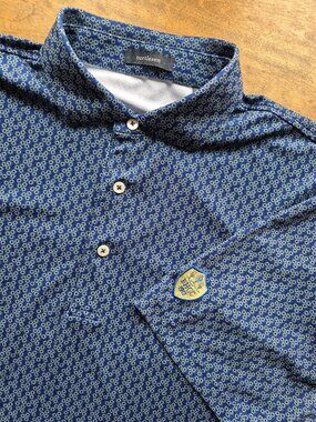 Turtleson Mens Lg Golf Polo Blue Hills CC Blue Floral Stretch Logo EUC